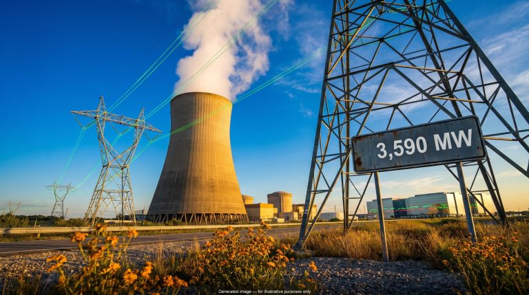 Nuclear cooling tower and data centre with "3,590 MW" sign, illustrating AI and nuclear power stocks rally