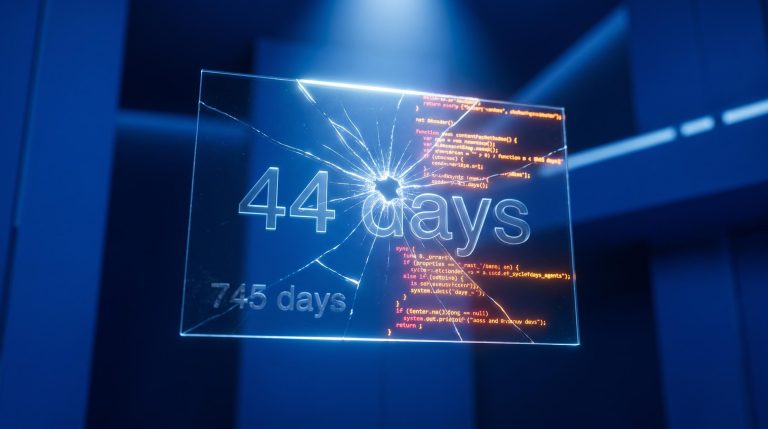 Cracked glowing glass panel etched with "44 days" showing AI patch management exploitation window collapse