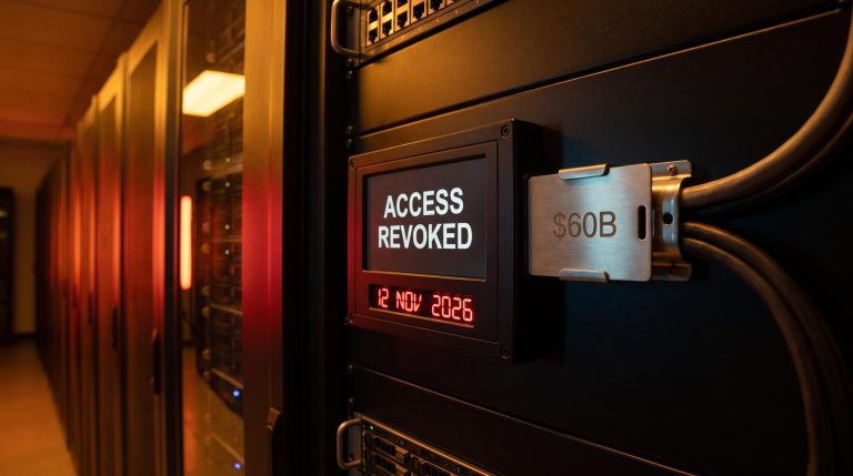 AI platform-access risk shown as server panel displaying access cutoff countdown amid AI market dynamics cycle