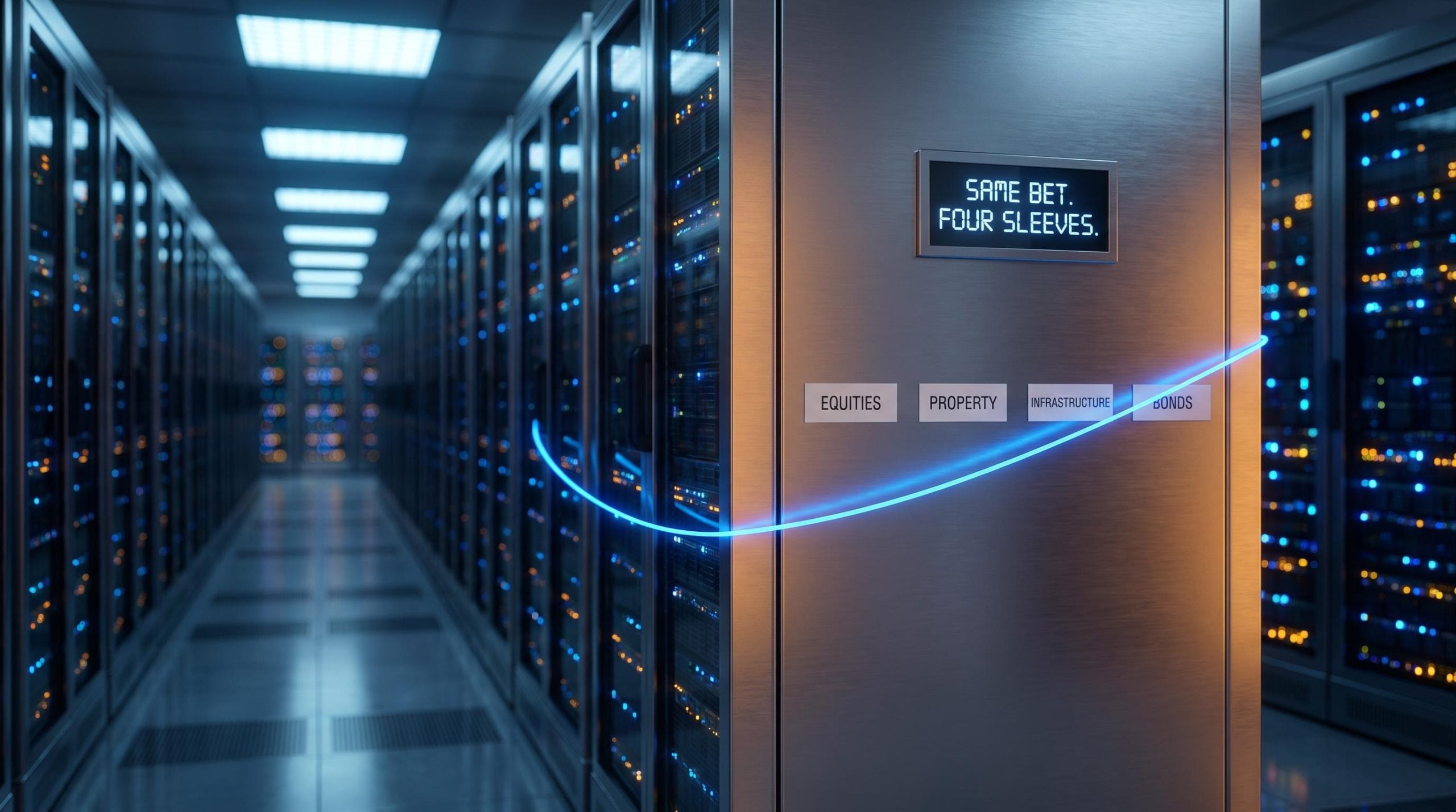 Data-centre server corridor with four asset-class labels linked by a single cable — AI portfolio concentration risk visualised
