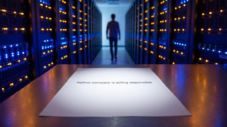 Resignation letter on a server rack inside a frontier AI data centre, evoking AI regulation governance risk