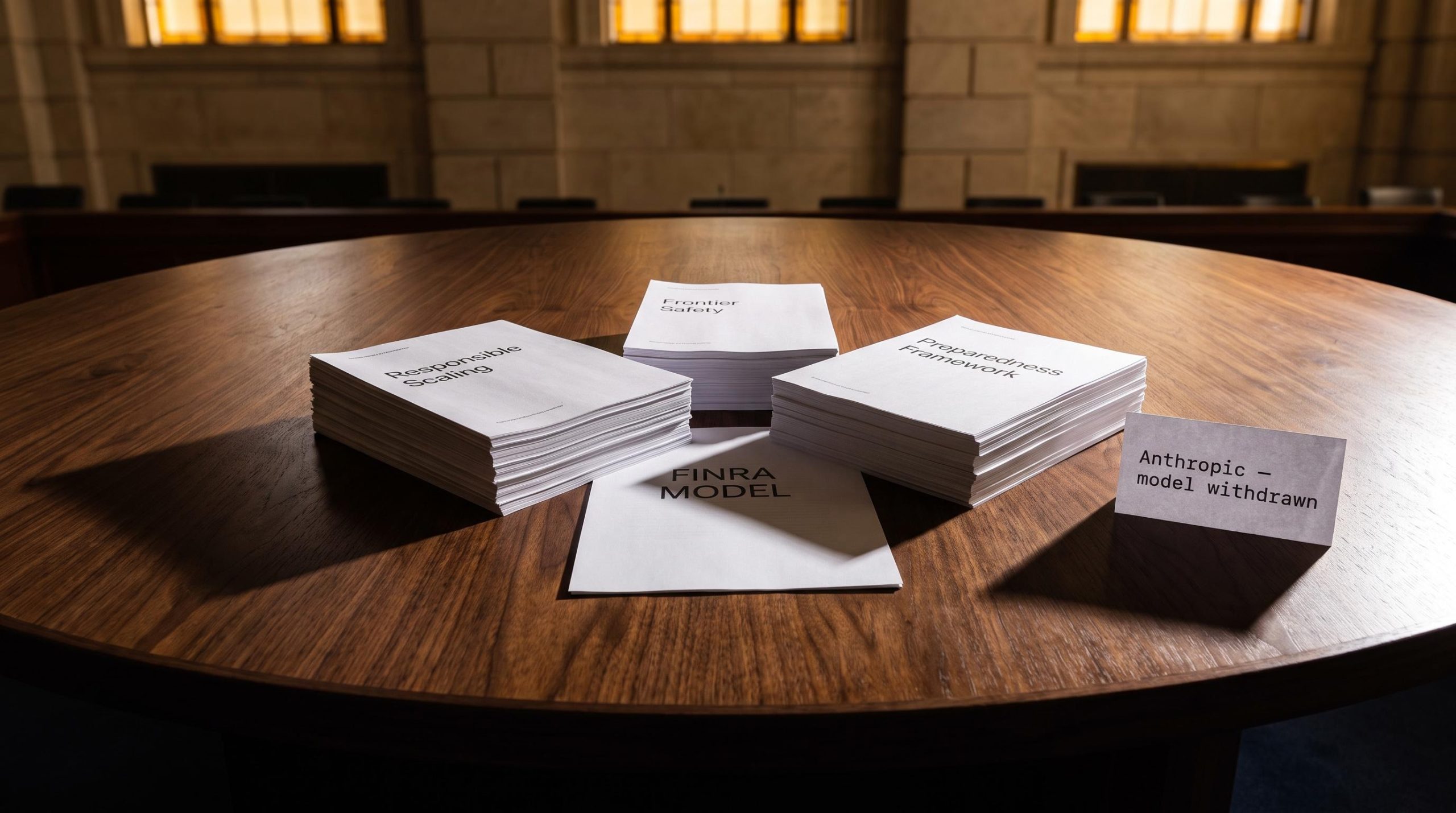 AI regulatory capture risk: overlapping frontier lab safety documents converge on a FINRA model proposal on a walnut table