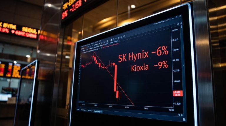 SK Hynix trading terminal showing –6% drop as AI regulatory risk rattles Asian semiconductor valuations