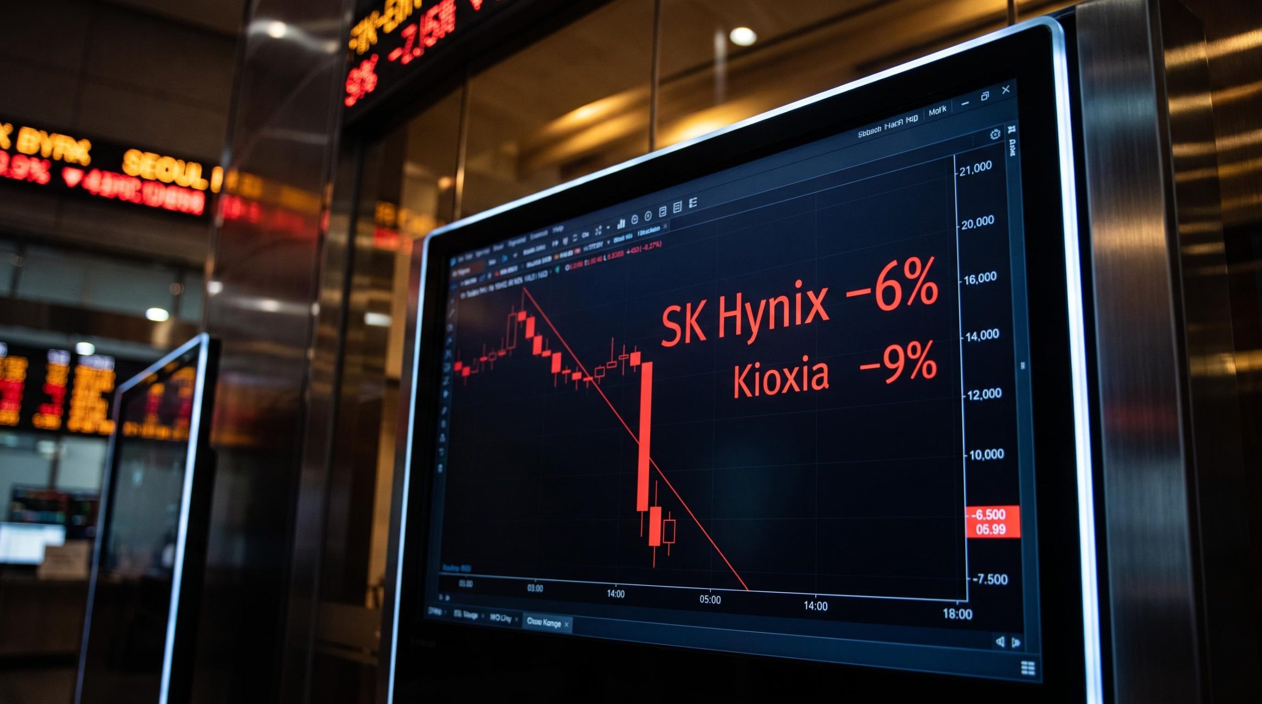 SK Hynix trading terminal showing –6% drop as AI regulatory risk rattles Asian semiconductor valuations