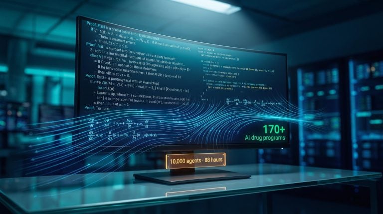 Lean 4 proof verification screen displaying Navier-Stokes cascade with 10,000-agent AI scientific discovery data