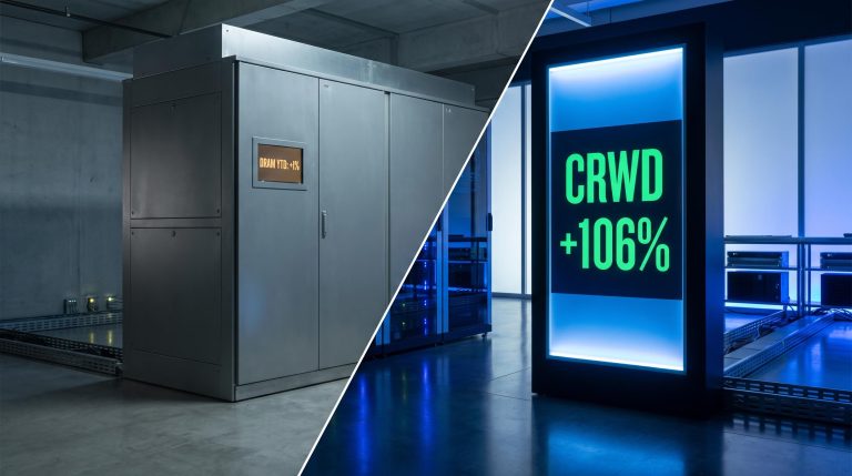 AI sector rotation split: memory ETF flat vs CrowdStrike +106% YTD shown as diverging data panels