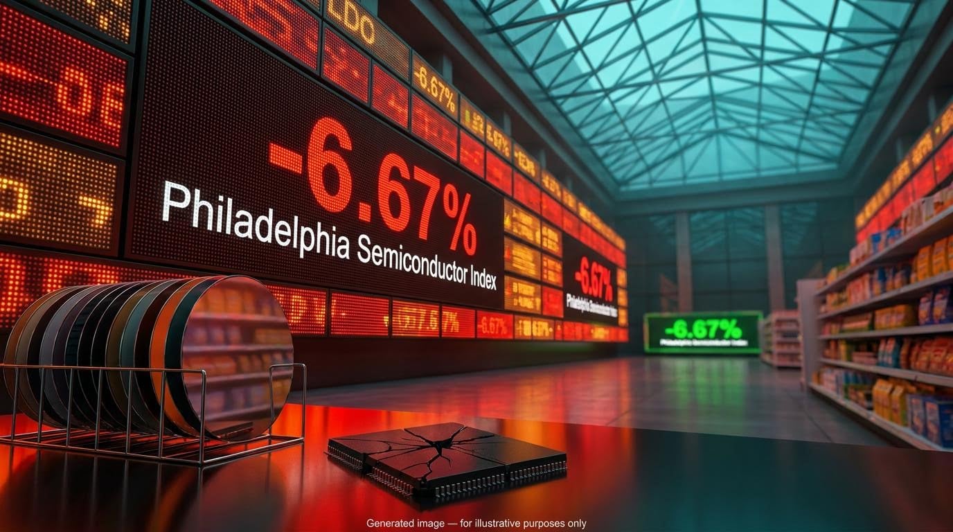 Red LED board showing Philadelphia Semiconductor Index down 6.67% as the AI selloff hits chip stocks