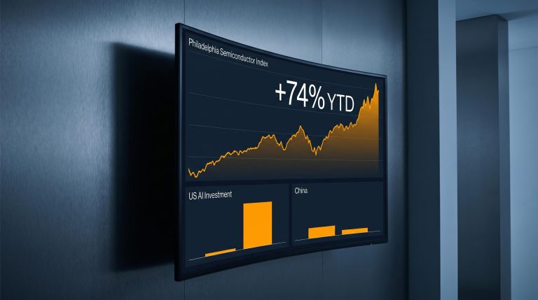 SOX index +74% YTD chart on trading screen amid US-China AI semiconductor rivalry analysis