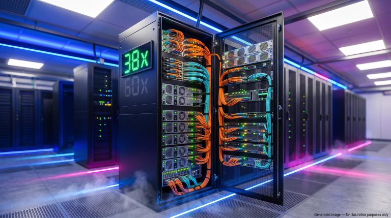 AI server rack with a display showing 38x forward P/E, illustrating the reset in AI semiconductor valuations