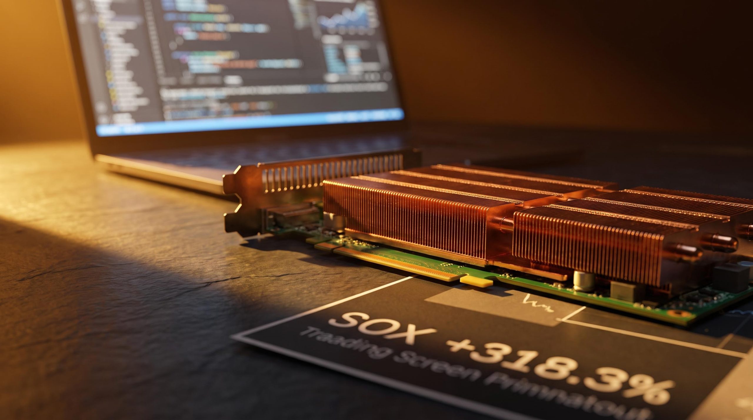 GPU accelerator card under hard amber light with SOX +318.3% data, analysing AI slowdown tech stocks risk