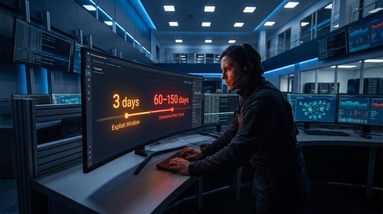 SOC analyst faces exploit timeline gap — "3 days" versus "60–150 days" — as AI for SOC teams reshapes cybersecurity defence
