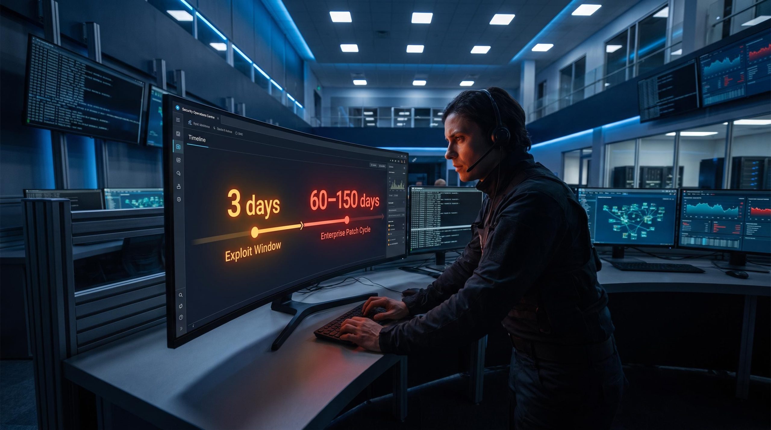 SOC analyst faces exploit timeline gap — "3 days" versus "60–150 days" — as AI for SOC teams reshapes cybersecurity defence