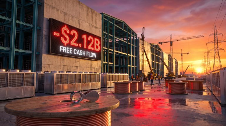 Data centre construction site at sunset with red "-$2.12B" free cash flow sign, symbolising the AI spending boom