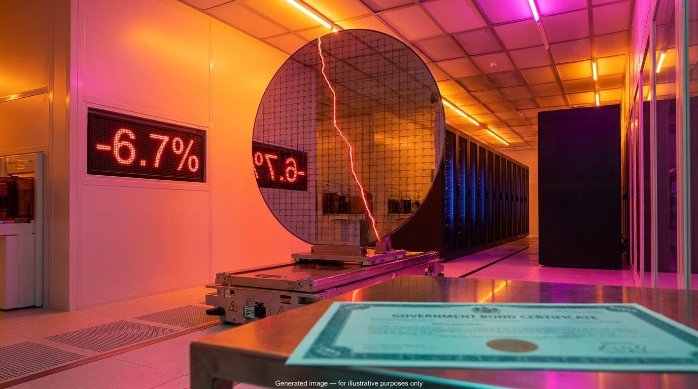 Cracked silicon wafer in a chip fab with a red "-6.7%" display, illustrating AI spending doubts hitting chipmakers