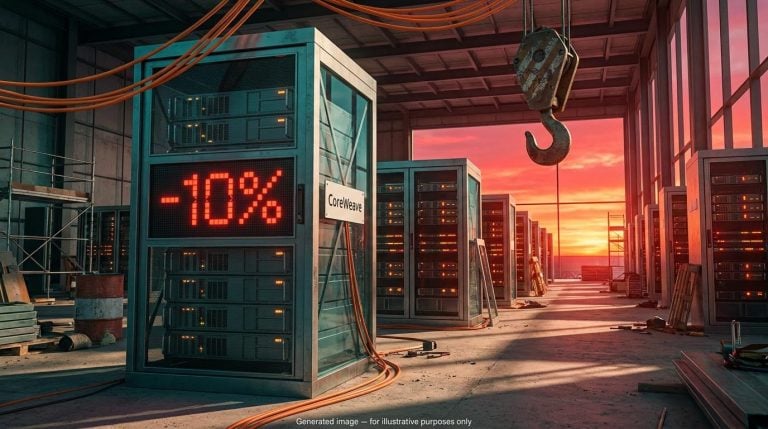 Data centre server rack with red "-10%" display at sunset, illustrating AI spending risk after the CoreWeave selloff