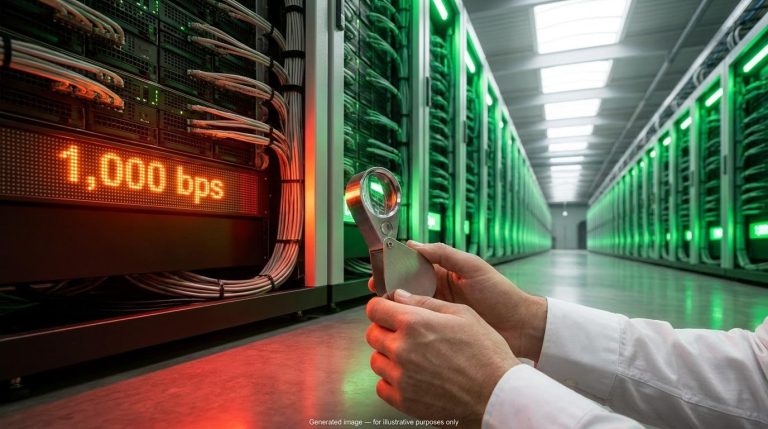Data centre server rack flashing red "1,000 bps" credit warning amid green racks, illustrating the AI stock selloff