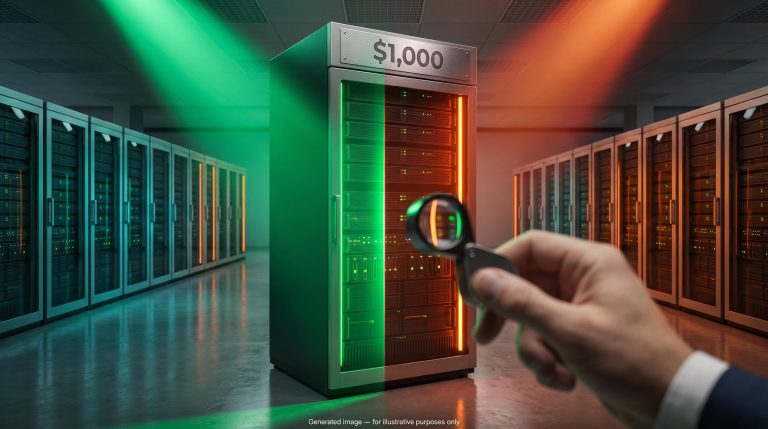 Server rack split between green and red light with $1,000 plate, illustrating divided AI stocks analyst ratings