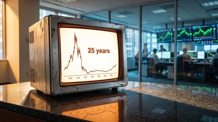 Aged trading terminal showing 25-year equity chart collapse, contrasting with AI stocks bubble era trading floor