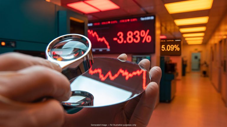 Technician inspects a silicon wafer as chip selloff figure -3.83% glows red, framing AI stocks earnings and yield pressure