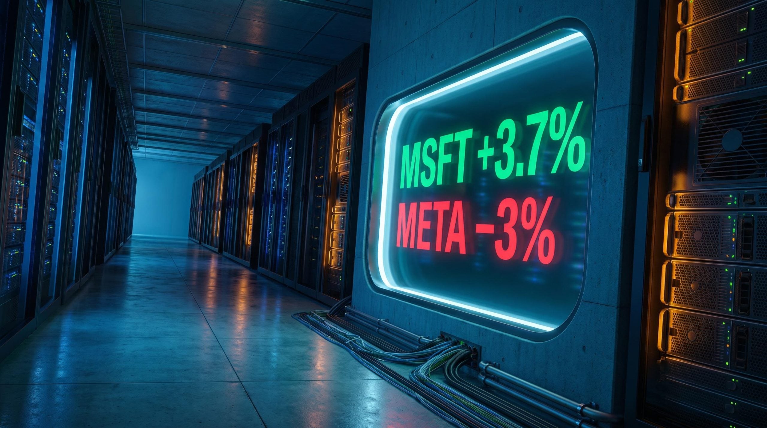 AI stocks diverge as server infrastructure glows with MSFT +3.7% and META –3% signals in a data centre corridor