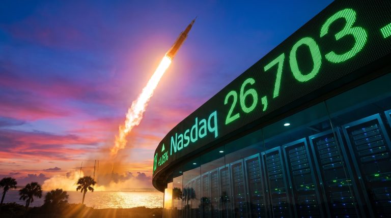 Rocket launching at golden hour beside a Nasdaq 26,703 ticker as an AI stocks rally lifts Wall Street