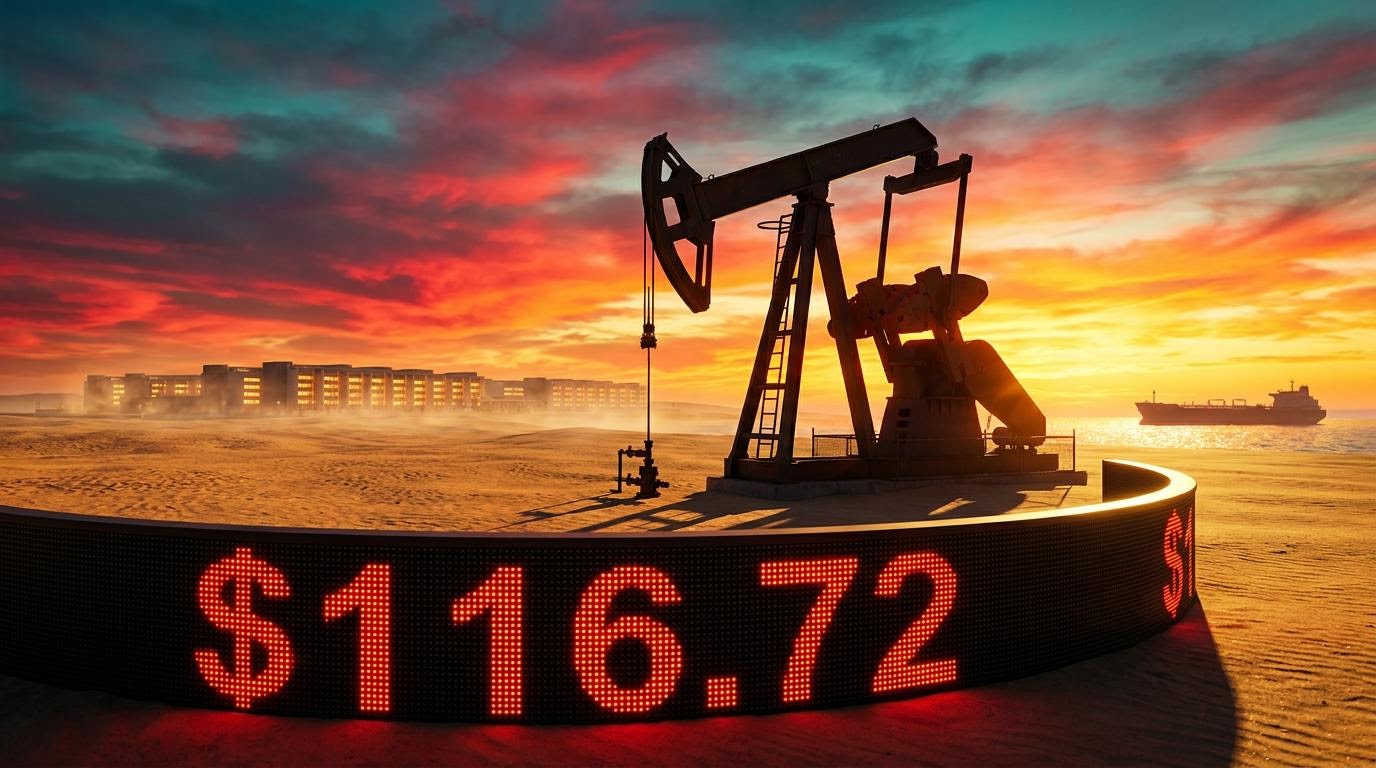 Oil pumpjack beside a glowing $116.72 price board with a data centre behind, as the AI stocks selloff meets an oil shock