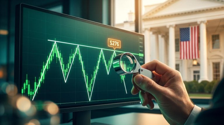 AI stocks technical analysis: loupe over a rising chart nearing a resistance line with $276 target, White House behind