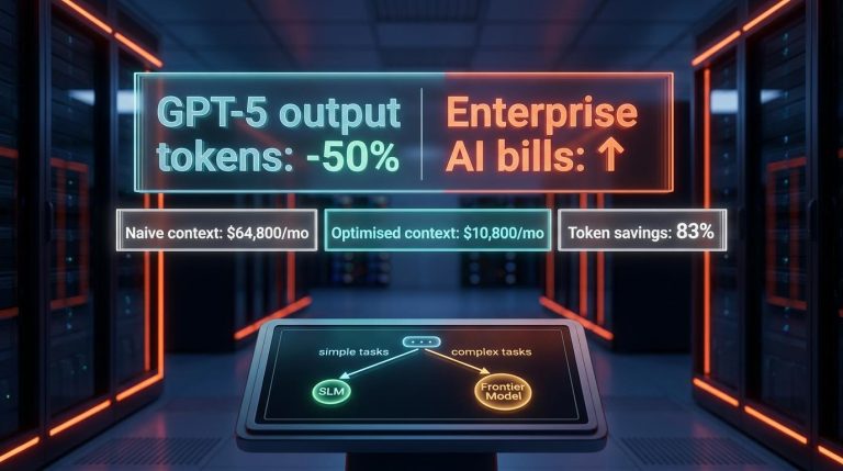 Enterprise server corridor with AI token cost panels showing 83% savings from context optimisation and model routing