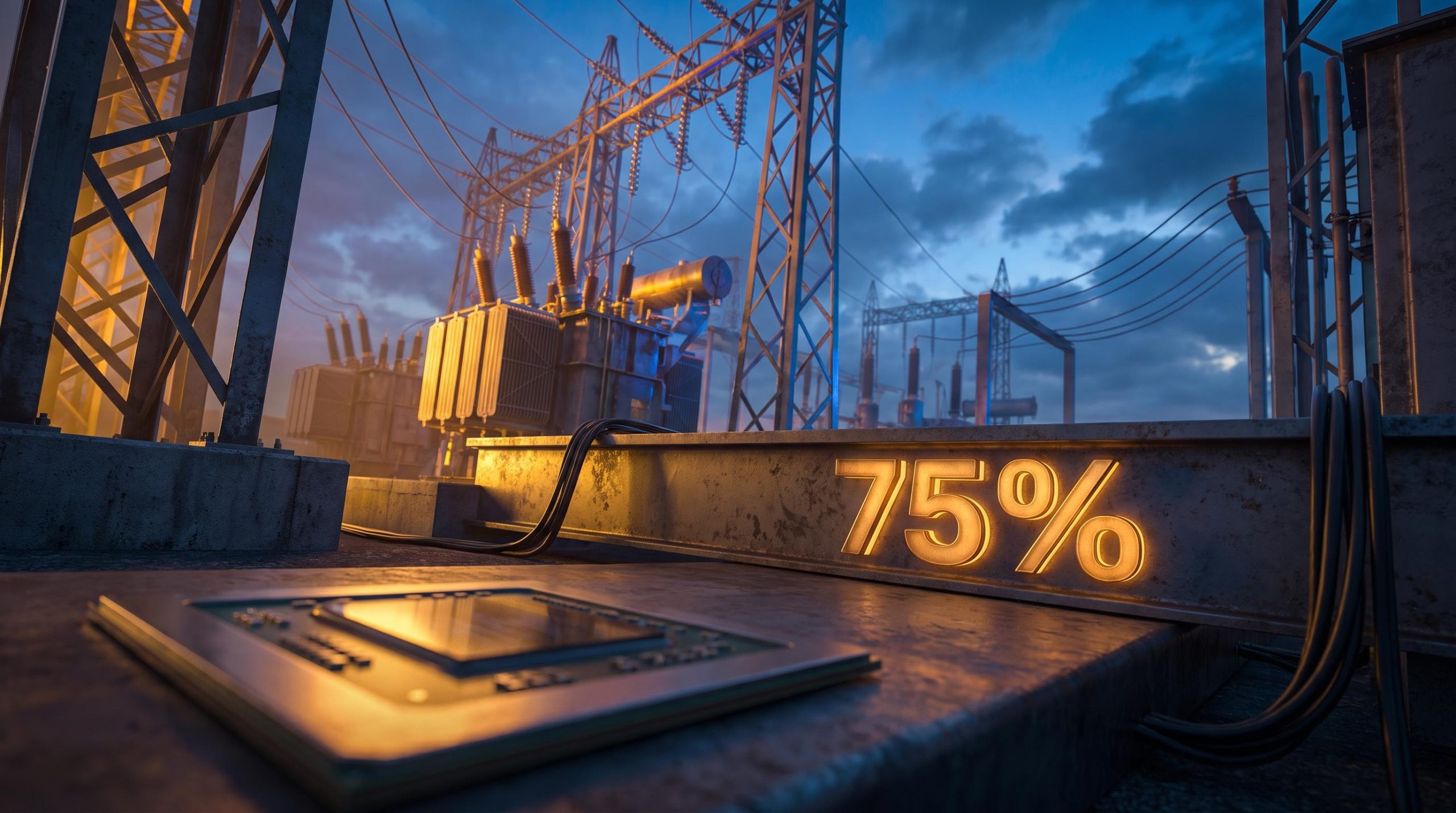 Transmission towers dominate a substation landscape as '75%' is etched in steel, signalling AI trade rotation beyond chips