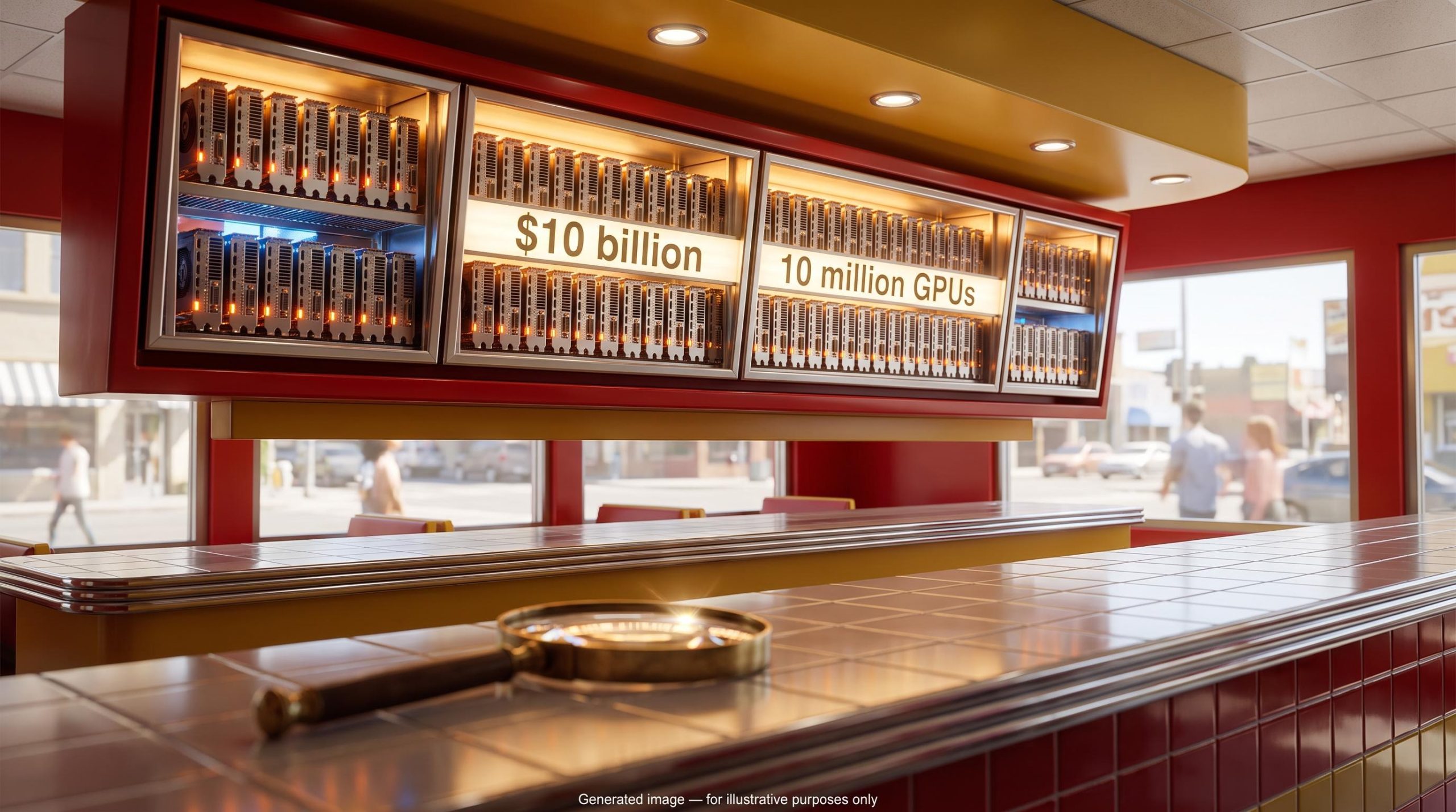 Fast-food menu board filled with GPU cards and "$10 billion" text, illustrating the AI valuations demand debate