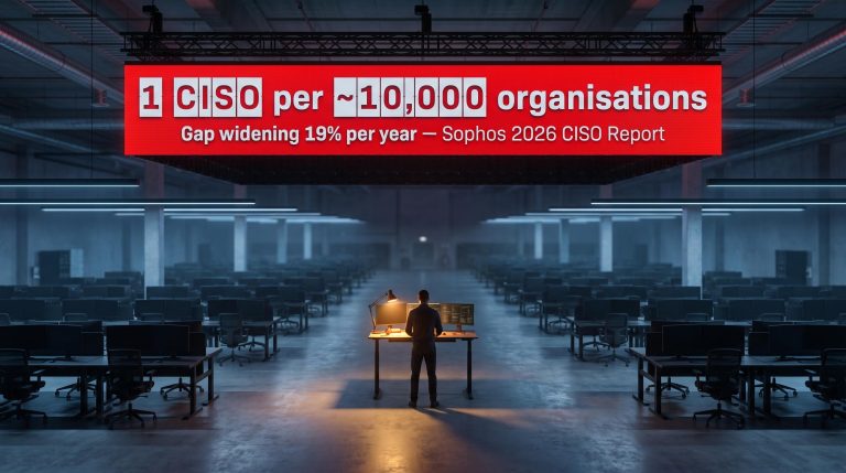 Vast empty operations floor with single lit workstation and display reading "1 CISO per ~10,000 organisations" — AI virtual CISO gap