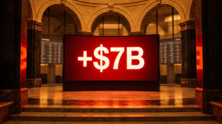 Monumental trading screen showing +$7B gain at the centre of AI wealth concentration analysis