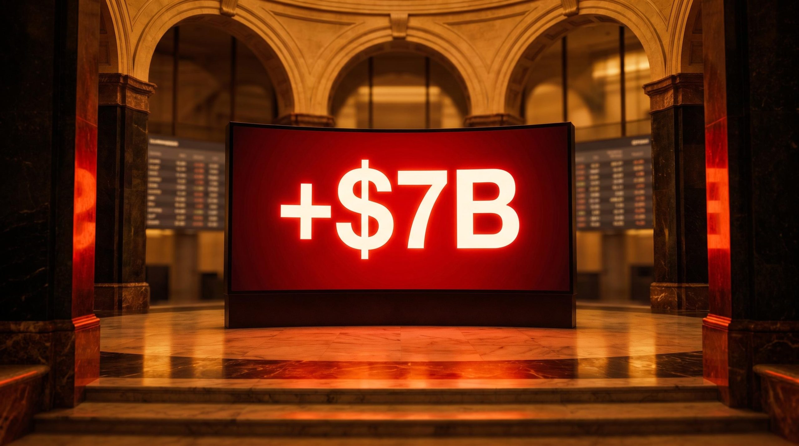 Monumental trading screen showing +$7B gain at the centre of AI wealth concentration analysis