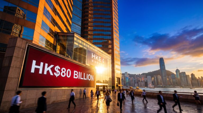 Hong Kong Stock Exchange facade with HK$80 billion display marking Alibaba's record share placement