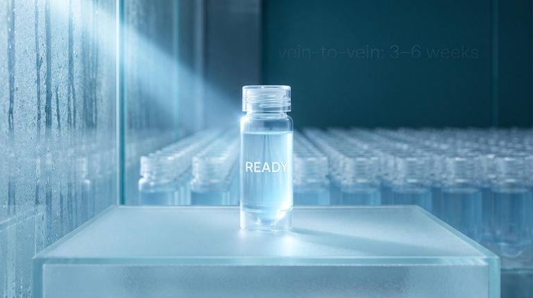 Illuminated allogeneic CAR-T storage vial labelled READY with rows of inventory vials receding behind frosted glass