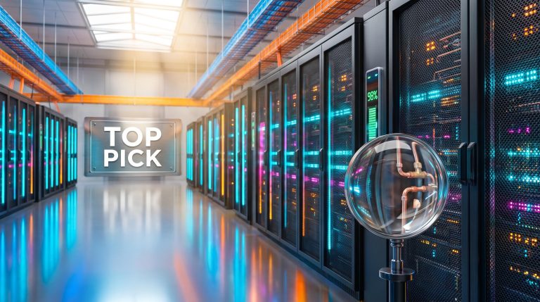 Server hall aisle with Top Pick placard and magnifying lens, illustrating Alphabet AI agents analysis after Gemini Agent