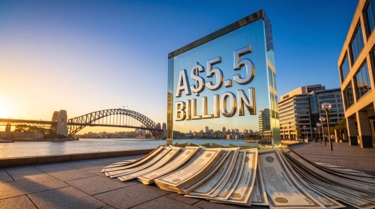 Landmark tombstone marking Alphabet's record A$5.5 billion Australian bond sale against Sydney Harbour Bridge