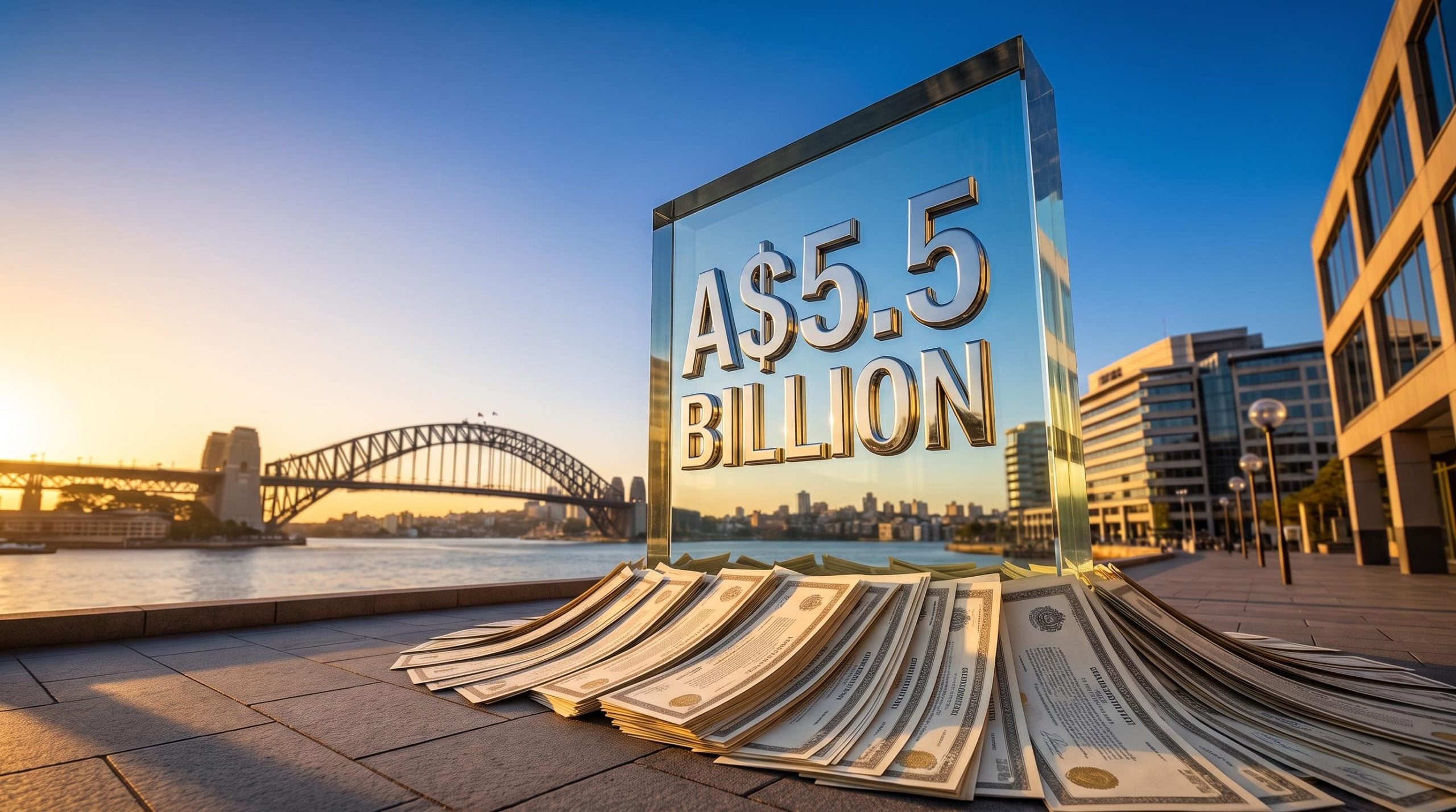 Landmark tombstone marking Alphabet's record A$5.5 billion Australian bond sale against Sydney Harbour Bridge