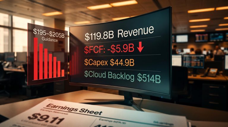 Alphabet Q2 earnings terminal showing -$5.9B free cash flow and $195–205B capex guidance as stock falls