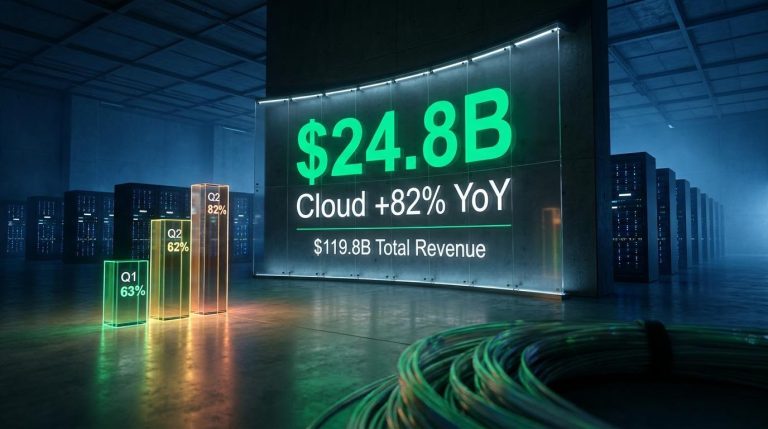 Google Cloud 82% Q2 2026 revenue surge displayed on illuminated data wall inside AI data centre