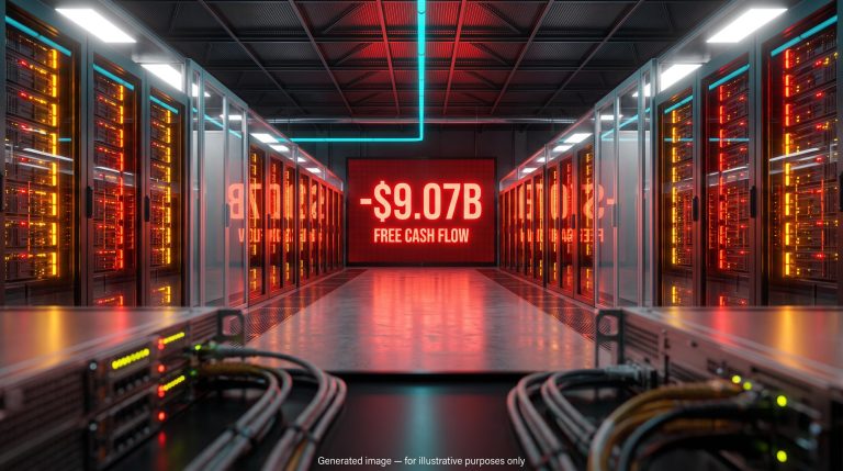 Data centre aisle with red "-$9.07B" free cash flow display illustrating Alphabet Q3 2026 earnings miss