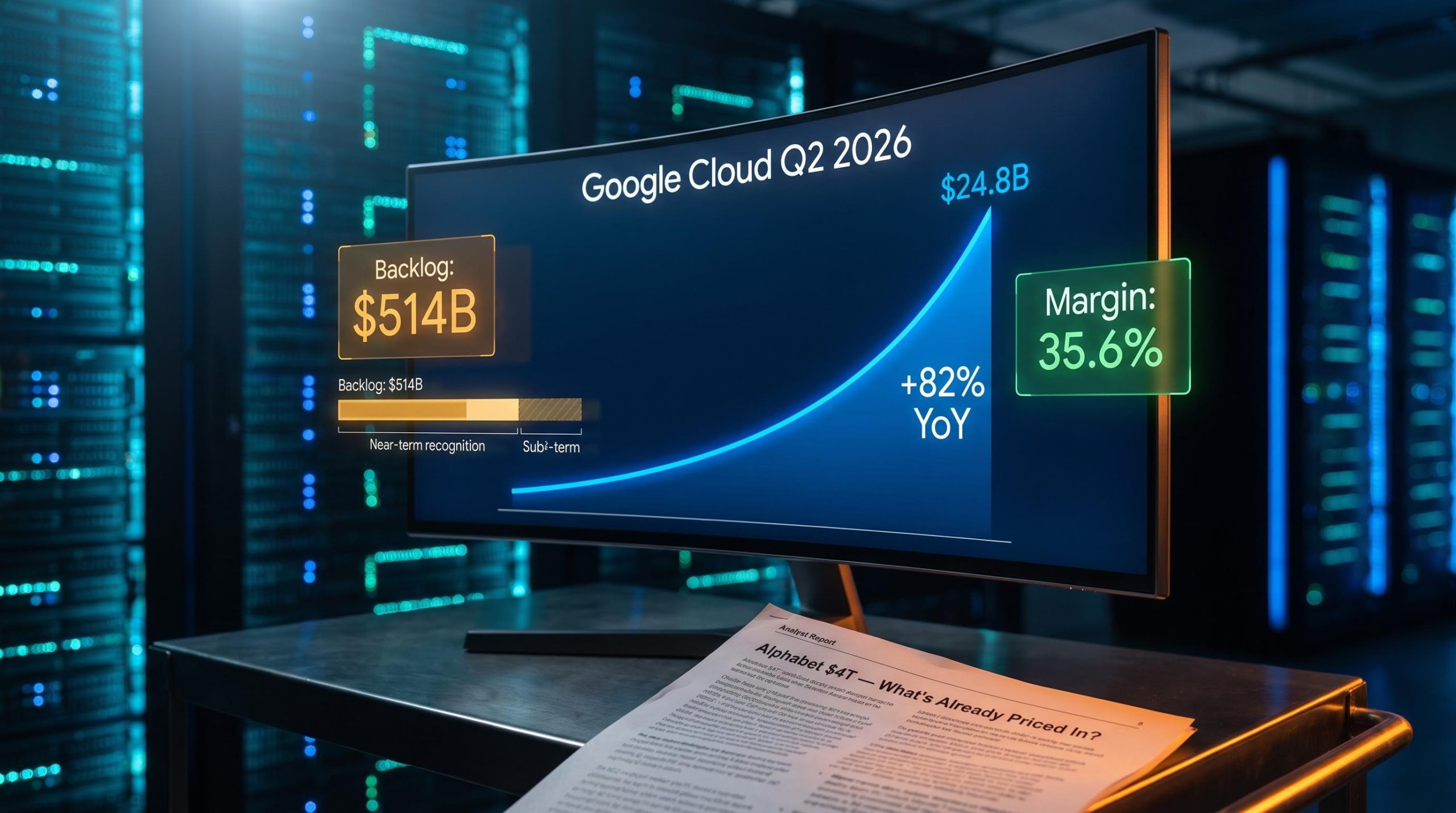 Google Cloud Q2 2026 dashboard showing $24.8B revenue, 35.6% margin, $514B backlog against Alphabet $4T valuation analysis