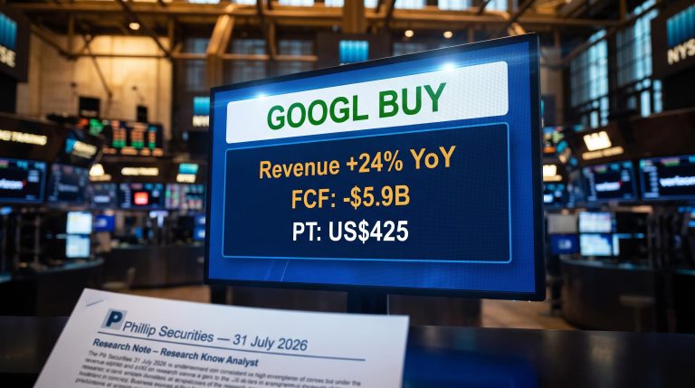 Alphabet stock analysis BUY upgrade by Phillip Securities with US$425 price target and -$5.9B FCF data on trading screen