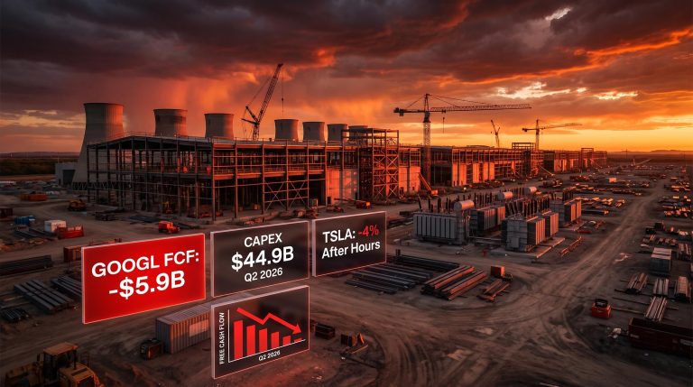 Alphabet $44.9B AI capex data centre build with negative free cash flow and Tesla after-hours loss panels