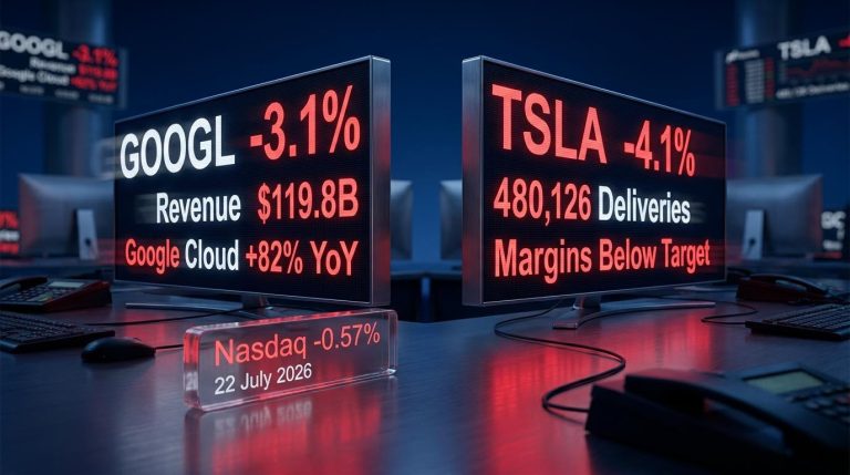 Alphabet and Tesla Q2 2026 earnings screens showing -3.1% and -4.1% after-hours drops despite revenue beats
