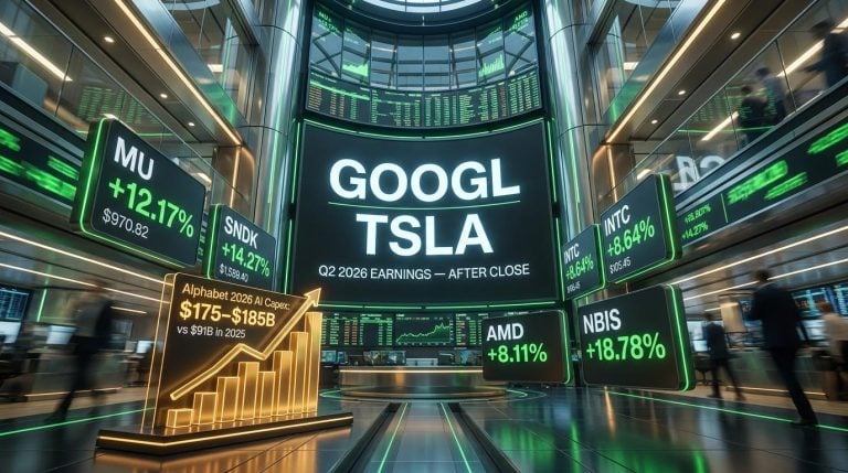 Alphabet and Tesla Q2 2026 earnings screens with GOOGL TSLA data and semiconductor surges MU SNDK INTC AMD