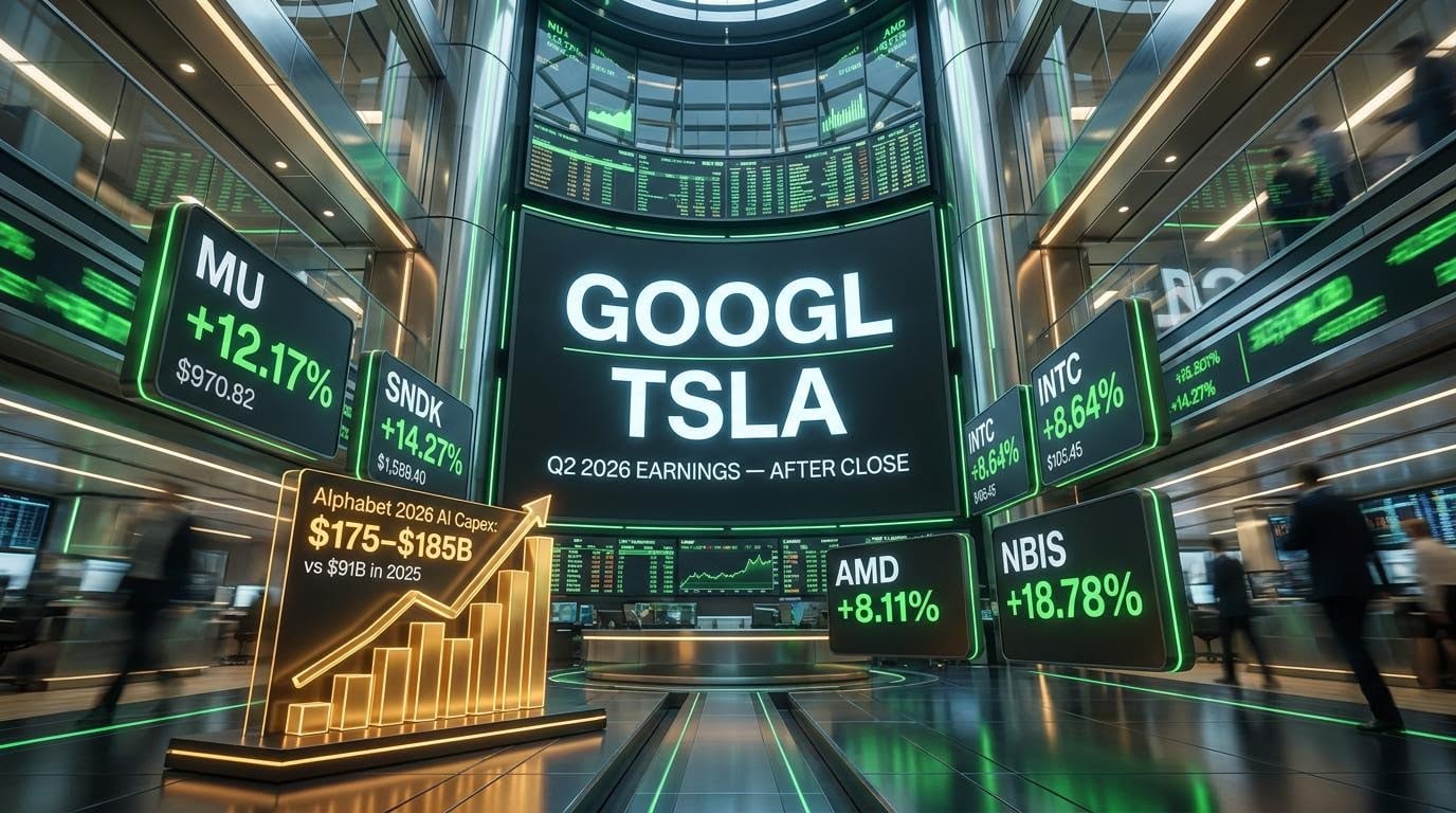 Alphabet and Tesla Q2 2026 earnings screens with GOOGL TSLA data and semiconductor surges MU SNDK INTC AMD