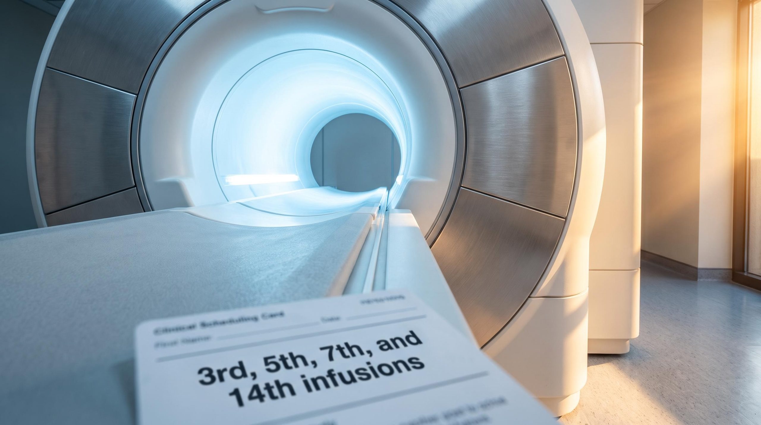 MRI scanner tunnel as gatekeeper in the Alzheimer's drug market, with infusion monitoring schedule card in foreground