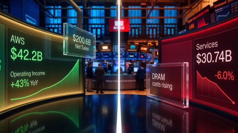 Amazon AWS 43% operating income vs Apple -6% after-hours split on same earnings night amid DRAM cost pressure