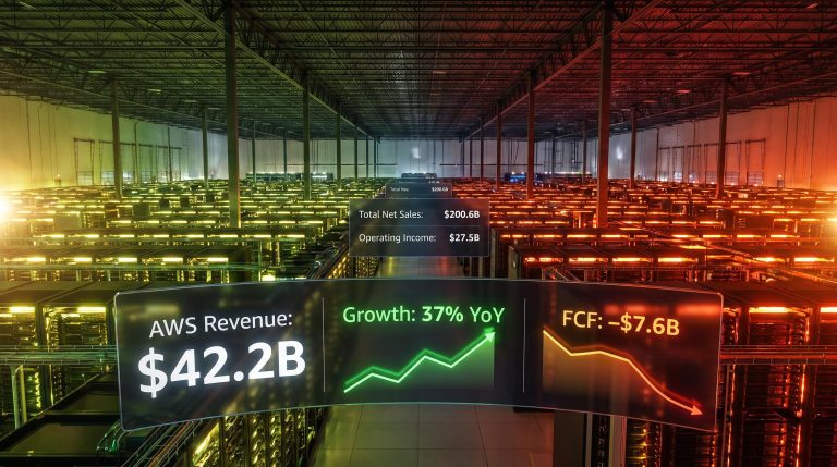 AWS server hall with Q2 2026 data overlays showing 37% growth and negative $7.6B free cash flow